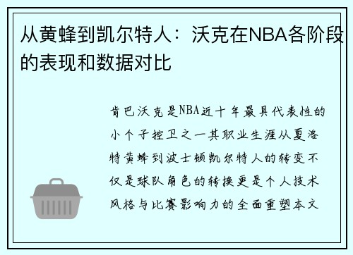 从黄蜂到凯尔特人:沃克在NBA各阶段的表现和数据对比