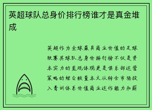 英超球队总身价排行榜谁才是真金堆成