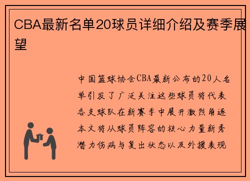 CBA最新名单20球员详细介绍及赛季展望