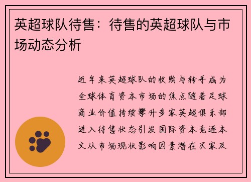 英超球队待售：待售的英超球队与市场动态分析